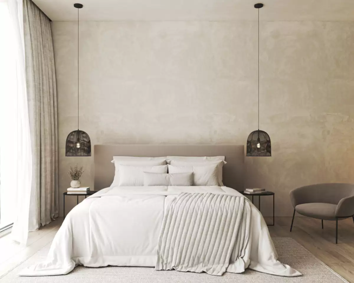 Bedroom interior mockup in boho style with fringed blanket, pillows, white bedding, dried pampas grass, basket lamp and curtain. 3d rendering. High quality 3d illustration.