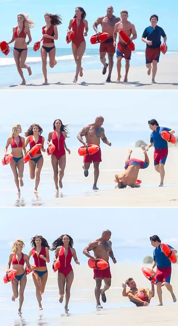 Esta es la secuencia de la caída de Zac Efron durante filmación de Baywatch.