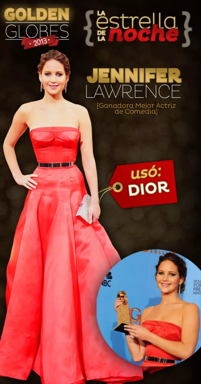 Además de ganar el premio a Mejor Actriz de Comedia por `Silver Linigs Playbook´, la actriz causó un `wow´ generalizado con su vestido Dior.