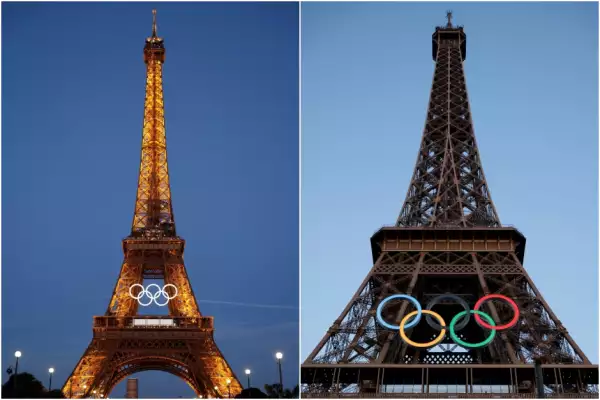 Aros de Juegos Olímpicos en la torre Eiffel