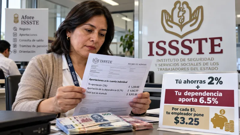 Trabajadora revisa un recibo de nómina en una oficina del ISSSTE, junto a billetes mexicanos y un aviso sobre aportaciones para el retiro.