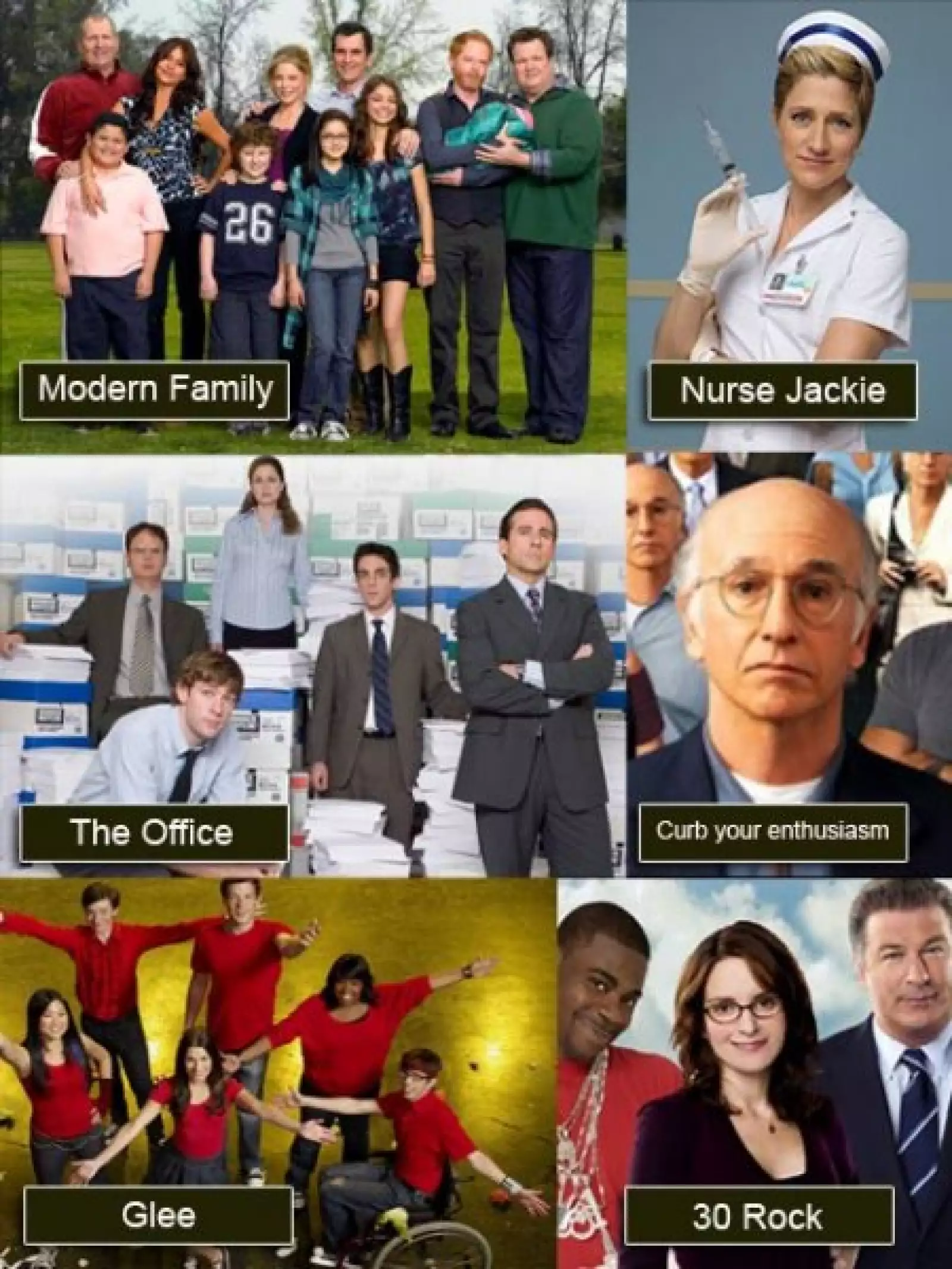 Mejor Serie de Comedia: Curb your enthusiasm; Glee; Modern family; Nurse Jackie; The office; 30 rock.
