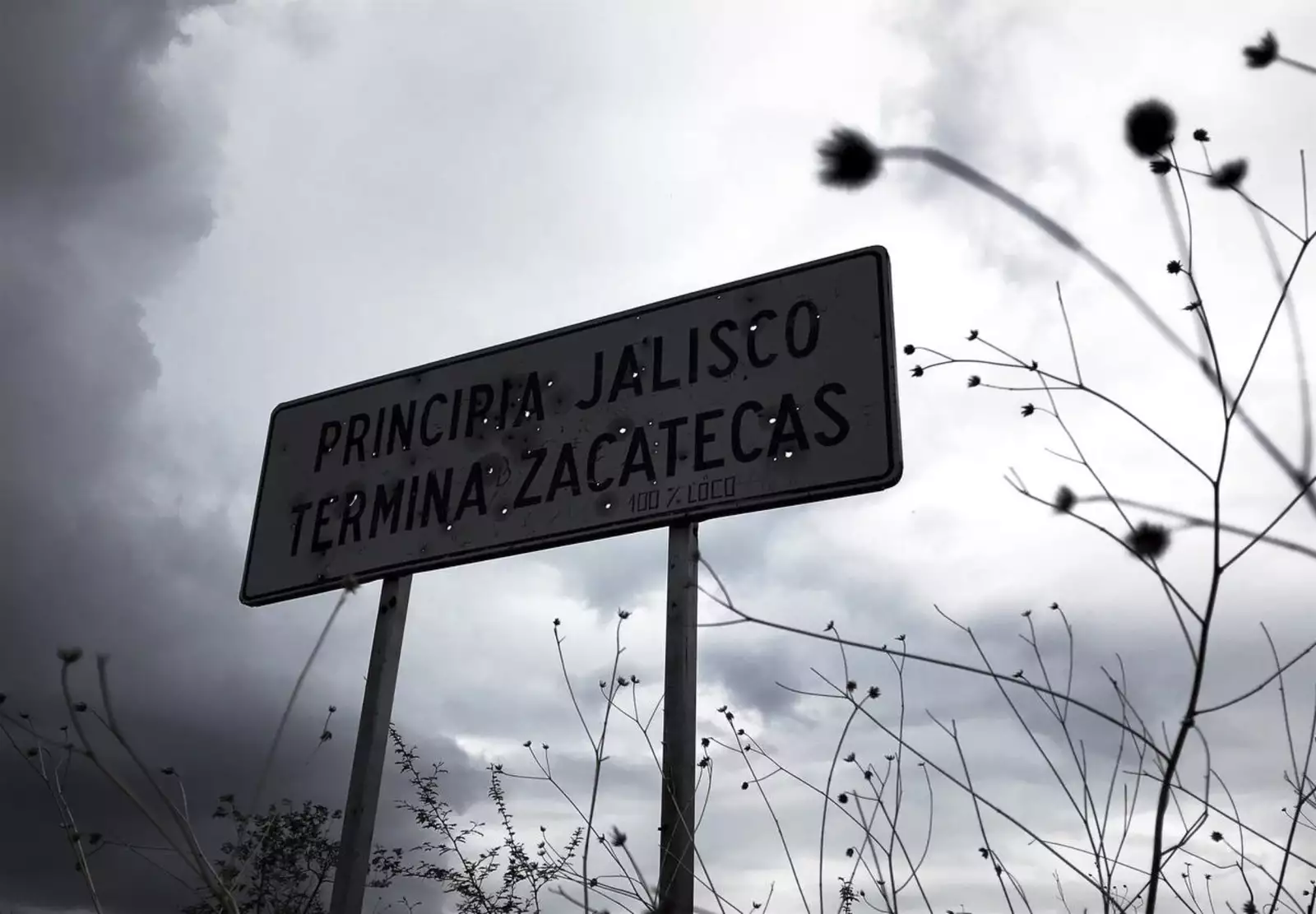 Letrero baleado en los límites entre Jalisco y Zacatecas. La madrugada de ayer dos grupos antagonistas se enfrentaron por el control de la zona de la sierra de Valparaíso, Zacatecas.