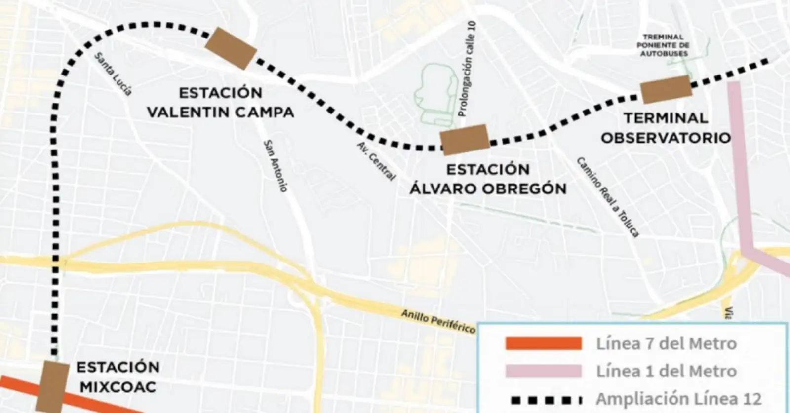 Mapa de la ampliación de la Línea 12 a Observatorio