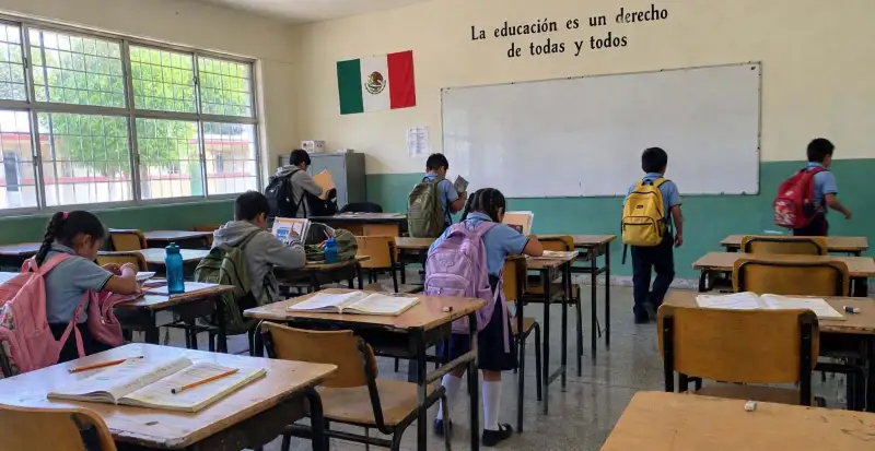 Bancas de color café enfrente de un pizarrón en blanco en un salón de clases con siete alumnos con mochilas en la espalda.jpg