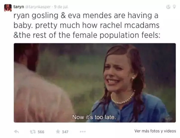 `Ryan Gosling y Eva Mendes esperan un bebé. Muy parecido a cómo Rachel McAdams y el resto de las mujeres se sienten´, dice el tuit.