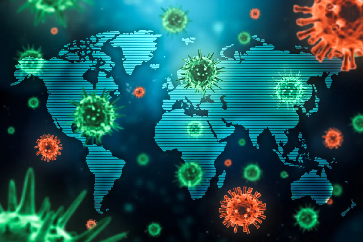Imagen conceptual de epidemia viral o pandemia que se extiende por todo el mundo con células virales microscópicas y el mapa del mundo. Ilustración de renderizado 3d.