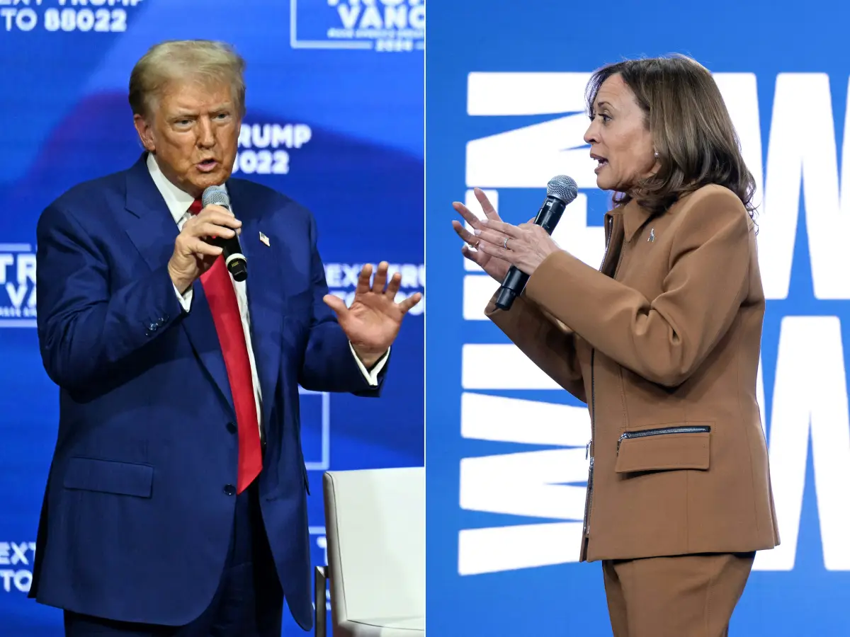 Se muestra a la izquierda a una foto del candidato republicano Donald Trump sosteniendo un micrófono lleva puesto un traje azul, corbata roja y camisa blanca. Del lado derecho se encuentra su homóloga demócrata portando un traje cafe e igualmente sostiene un micrófono.