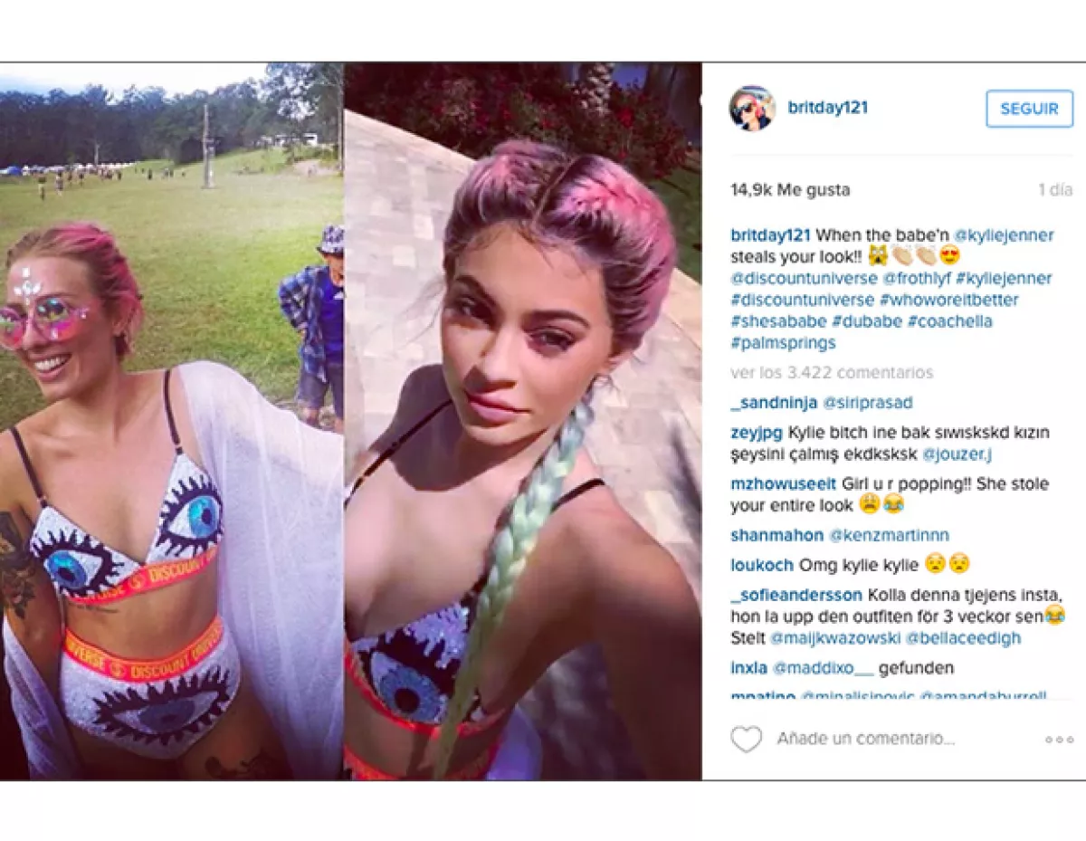 En su intagram posteó una foto de kylie y ella usando el mismo traje, con el caption : "Cuando @Kyliejenner te copia el look"