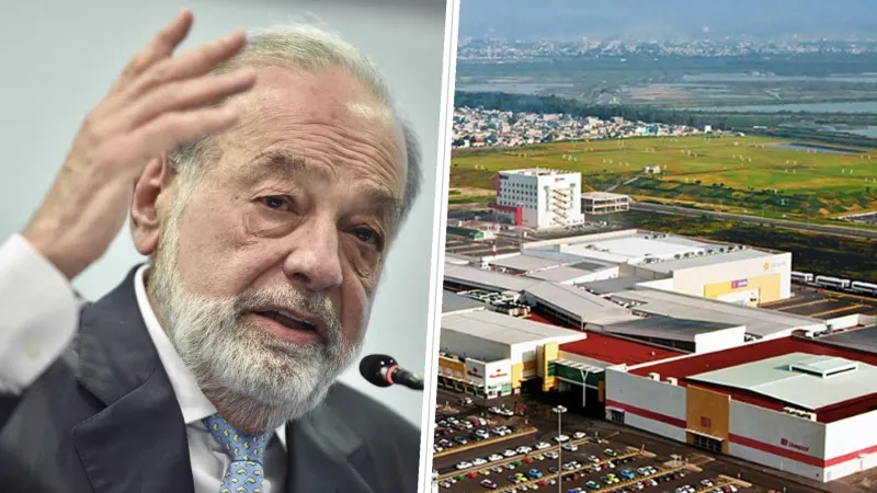 Retrato de Carlos Slim Helú dividido por una línea diagonal de una plaza comercial con tiendas ancla, estacionamiento y edificio de hotel en la periferia urbana.