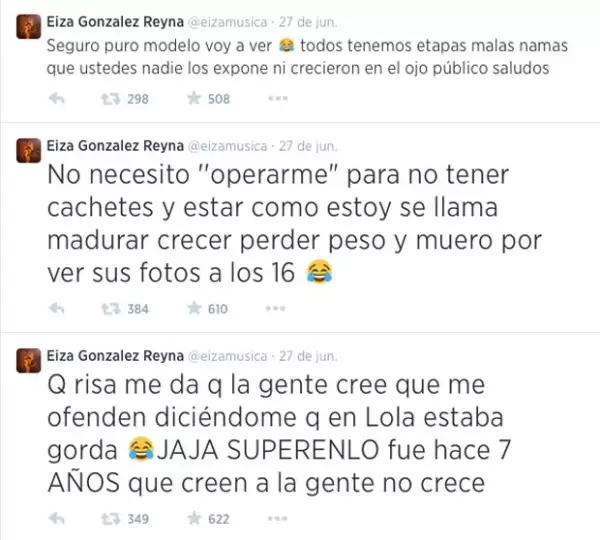 La mexicana respondió a través de varios tuits a quienes critican su figura y su rostro.
