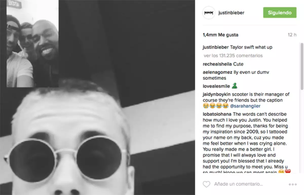 Justin aparece haciendo FaceTime con Kanye, y en el captión decidió mencionar a Taylor Swift para avivar la polémica.