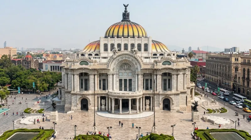 El Palacio de Bellas Artes es el recinto cultural más importante de México y un tesoro arquitectónico del Centro Histórico de la Ciudad de México que combina un exterior Art Nouveau de mármol blanco con un interior Art Déco adornado por murales de Diego Rivera y Siqueiros.