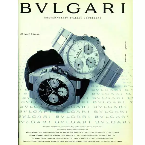 BVLGARI. En el año 2000 la marca presentaba su reloj Chrono de una forma sobria y enfocando toda la importancia en los objetos. En 2013, Carla Bruni retoma su faceta de modelo y hasta la fecha es imagen de las joyas y los relojes de la casa.