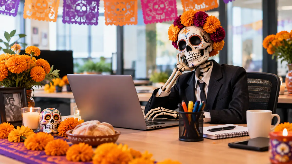 una calavera oficinista sentada frente a su computadora con un escritorio con flores, pan de muerto y veladoras. 