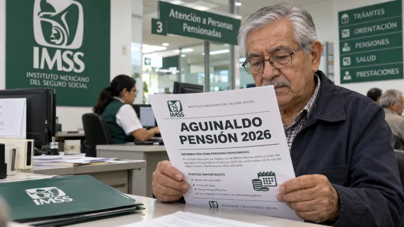 Adulto mayor revisa en una oficina del IMSS un documento con el encabezado “Aguinaldo pensión 2026”.