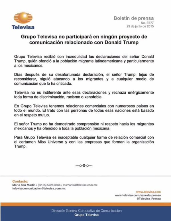 Este fue el comunicado que Televisa mandó, en el que dejan clara su postura sobre Donald Trump y sus declaraciones hacia México.