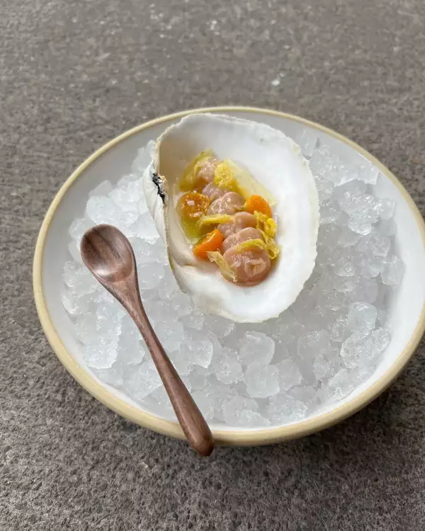 Foto de una almeja sobre hielo y una pequeña cuchara de madera a su lado.