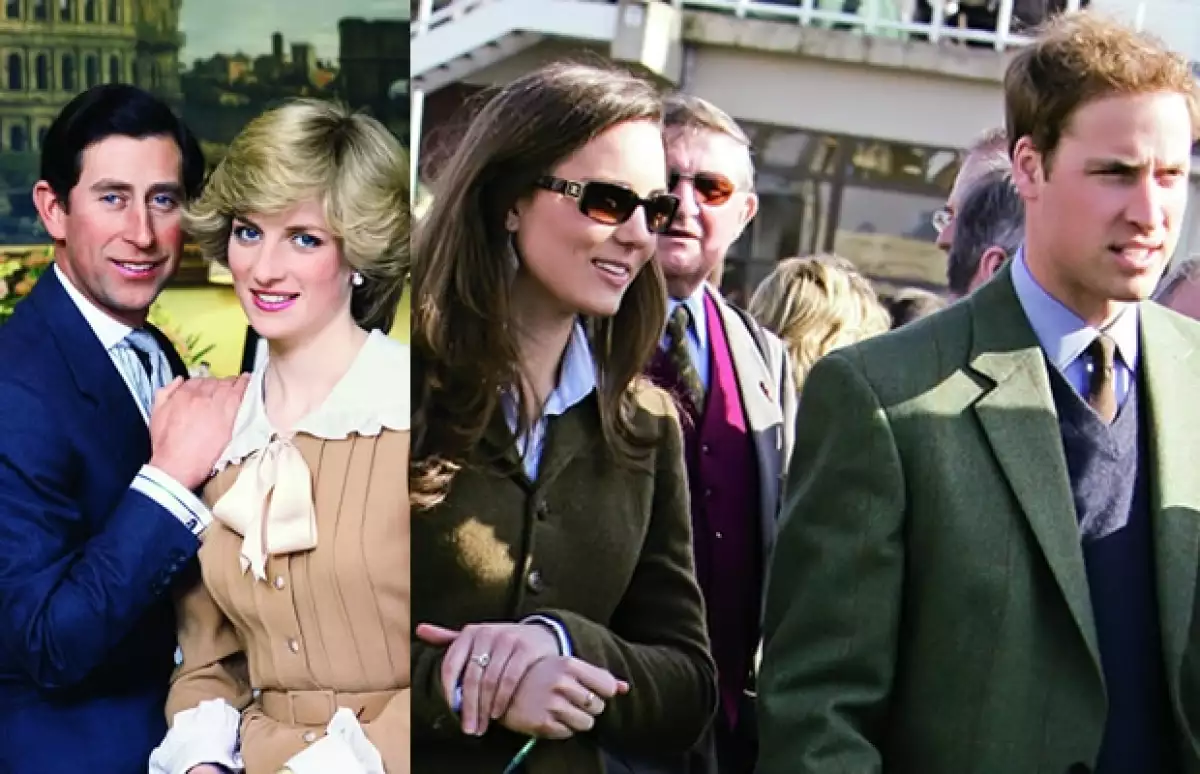 El príncipe Carlos y Diana a la izquierda. A la derecha Kate y Guillermo.