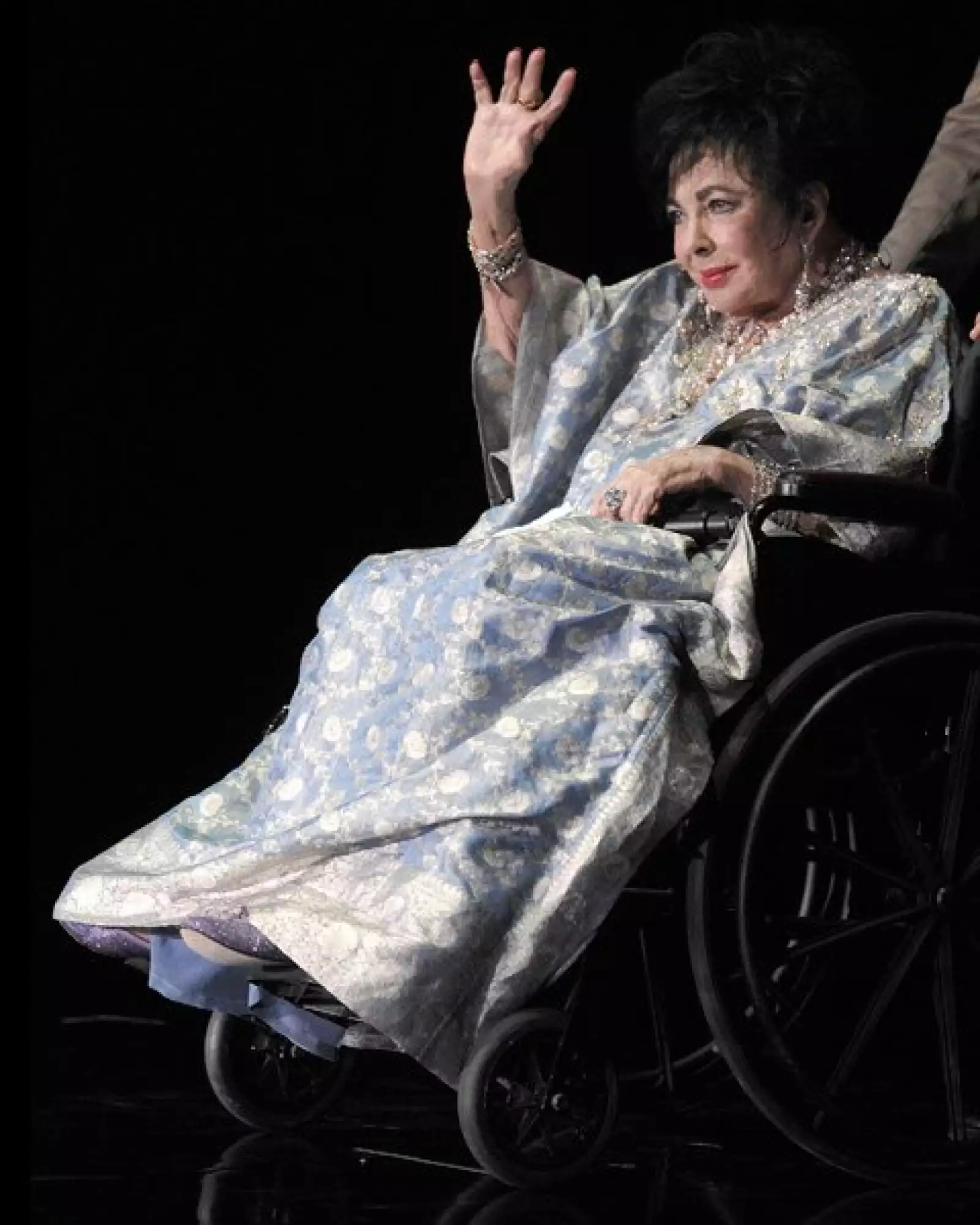 La actriz llegó en su silla de ruedas y saludó, alegre, al público.