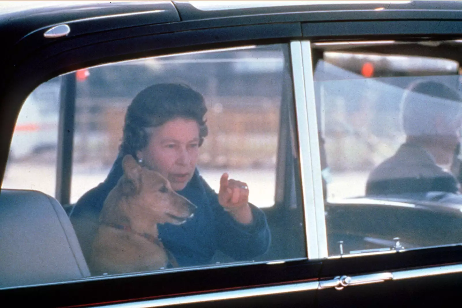 QUEEN ELIZABETH II  AND ONE OF HER CORGIS, HEATHROW AIRPORT, LONDON, BRITAIN - OCT 1986