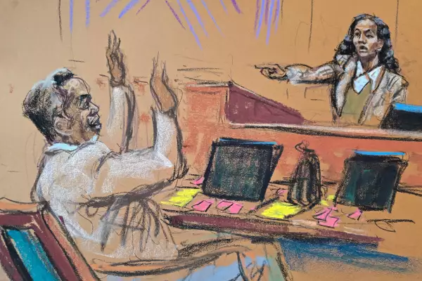 Ilustración del juicio de P Diddy Combs en el que se ve al rapero levantar las manos con expresión sorprendida y a Dawn Richard señalándolo desde el estrado.