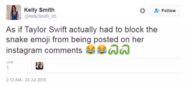 Estos son algunos de los comentarios que escribieron al darse cuenta: 
Como si Taylor Swift realmente bloqueara al emoji de víbora en sus comentarios en Instagram.