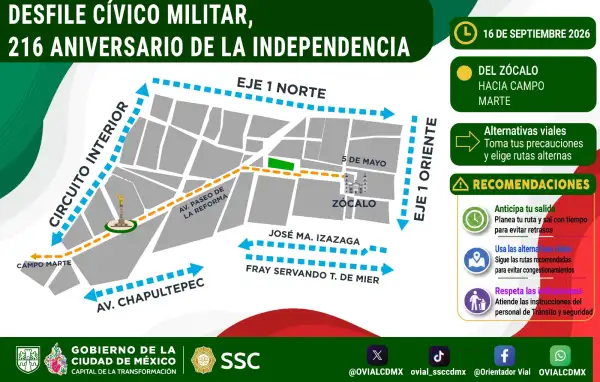 Ruta y alternativas viales para el 16 de septiembre ante la realización del Desfile Militar.