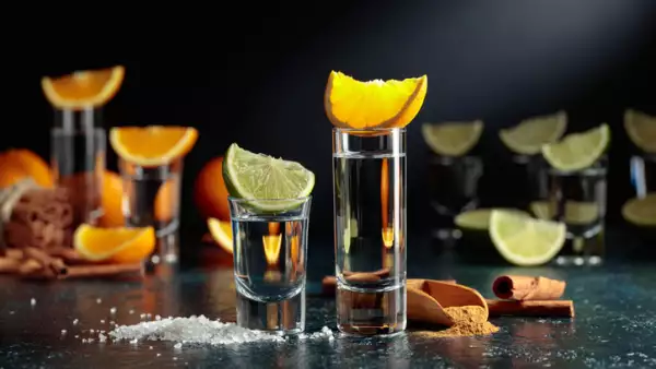 Tequila shots on a black background.