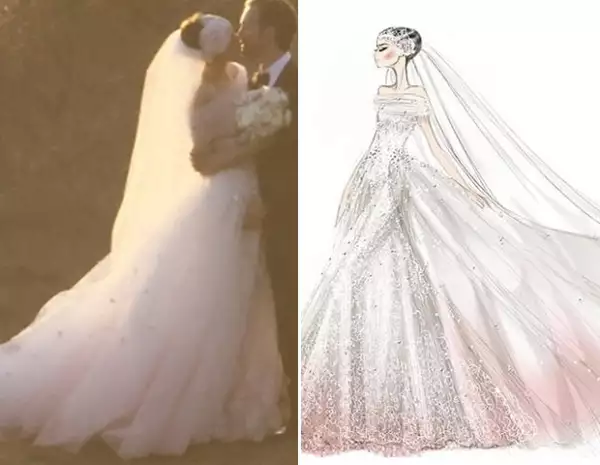 Anne Hathaway contrajo matrimonio en una creación de Valentino, en tradicional blanco que se desvanecía a un tono rosa.