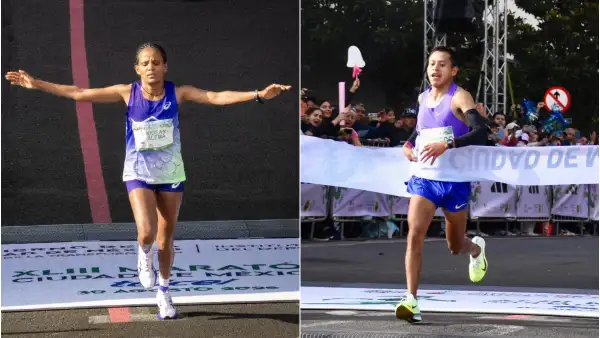 El peruano Cristhian Pacheco y la etíope Alemtsehay Asefa Kasegn cruzan la meta de Maratón CDMX 2026. 