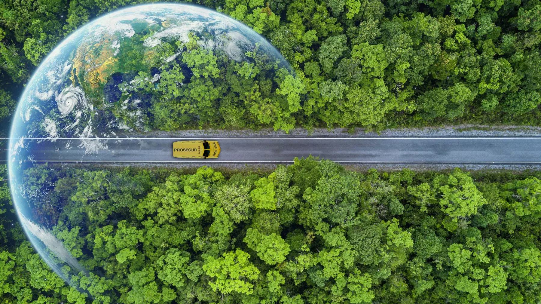 Se ve una imagen creada con IA en donde detrás hay un mundo, muchos arboles y un auto atraviesa, una inspiración de lo que es Prosegur.