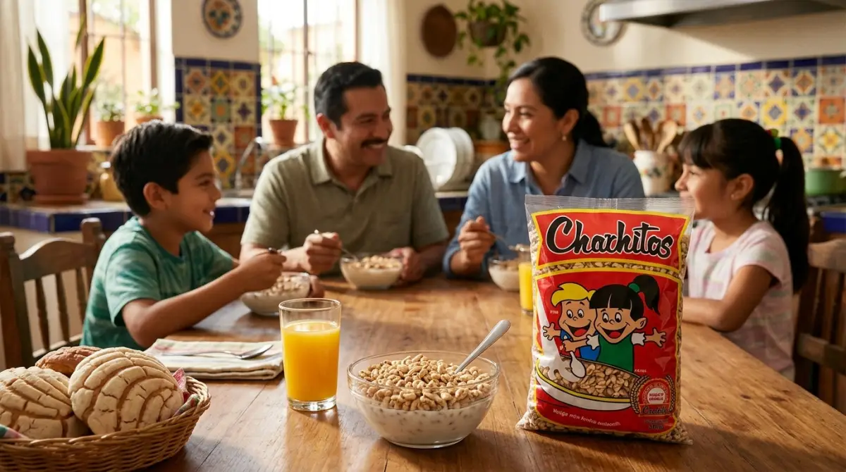 Familia mexicana durante el desayuno, consumiendo el tradicional cereal Chachitos, originario de Chihuahua.