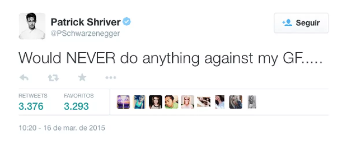 Patrick Schwarzenegger publicó en su cuenta de Twitter que nunca le harìa daño a Miley Cyrus.