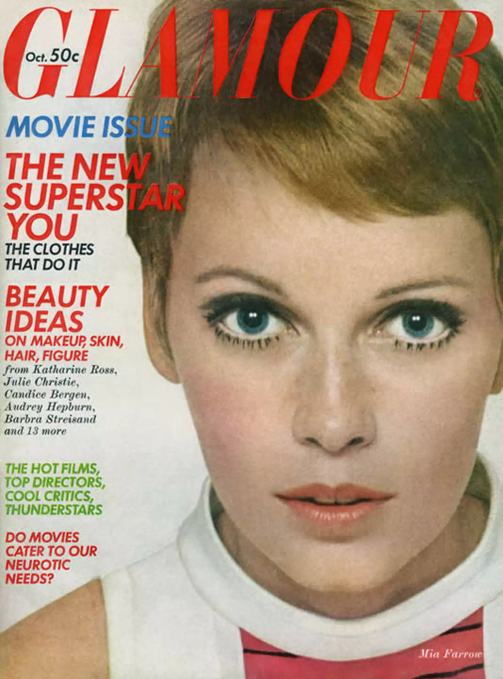 Glamour, octubre 1968: Mia Farrow fue la portada del mes, usando el muy famoso pixie cut.