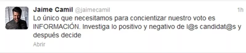 El actor mexicano invitó a todos sus seguidores en Twitter a informarse antes de decidir votar por alguno de los candidatos.