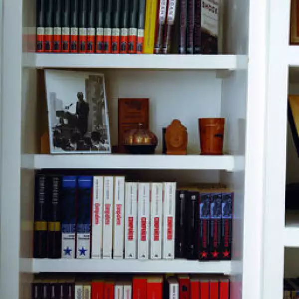 Detalle de las repisas del librero de su oficina