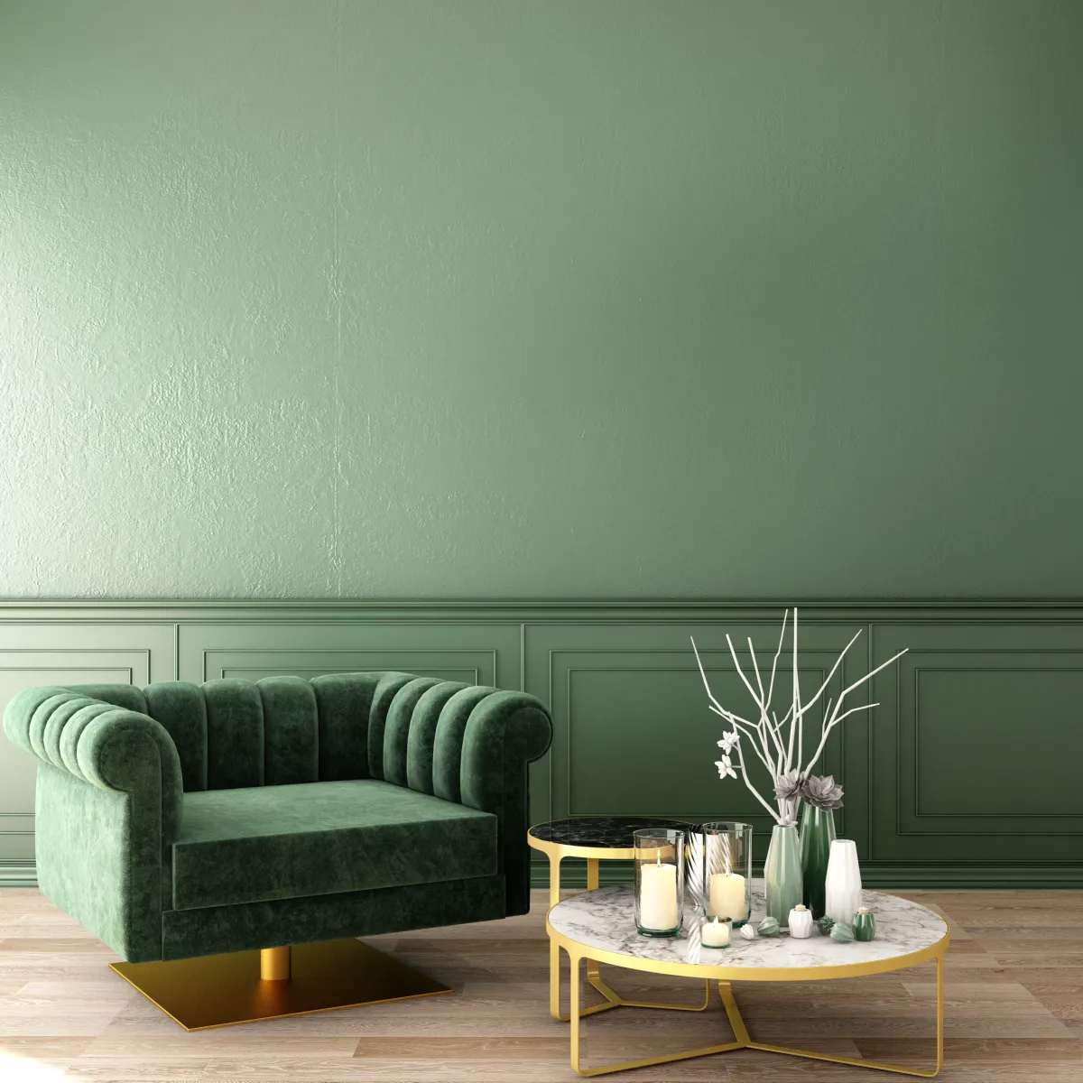 living interior design in classic style with decoration set on sideboard, velvet armchair on wooden floor and deep green wall,3d illustration,3d rendering