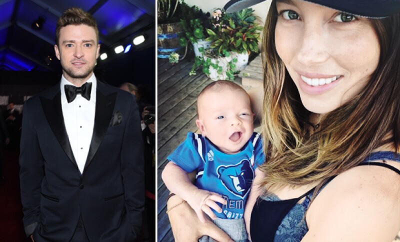 Justin Timberlake junto a la foto de su esposa Jessica Biel y su hijo Silas Randall.