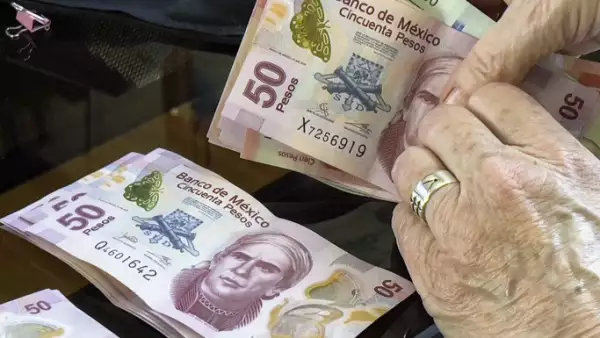 Senior woman counting money, Mexican pesos