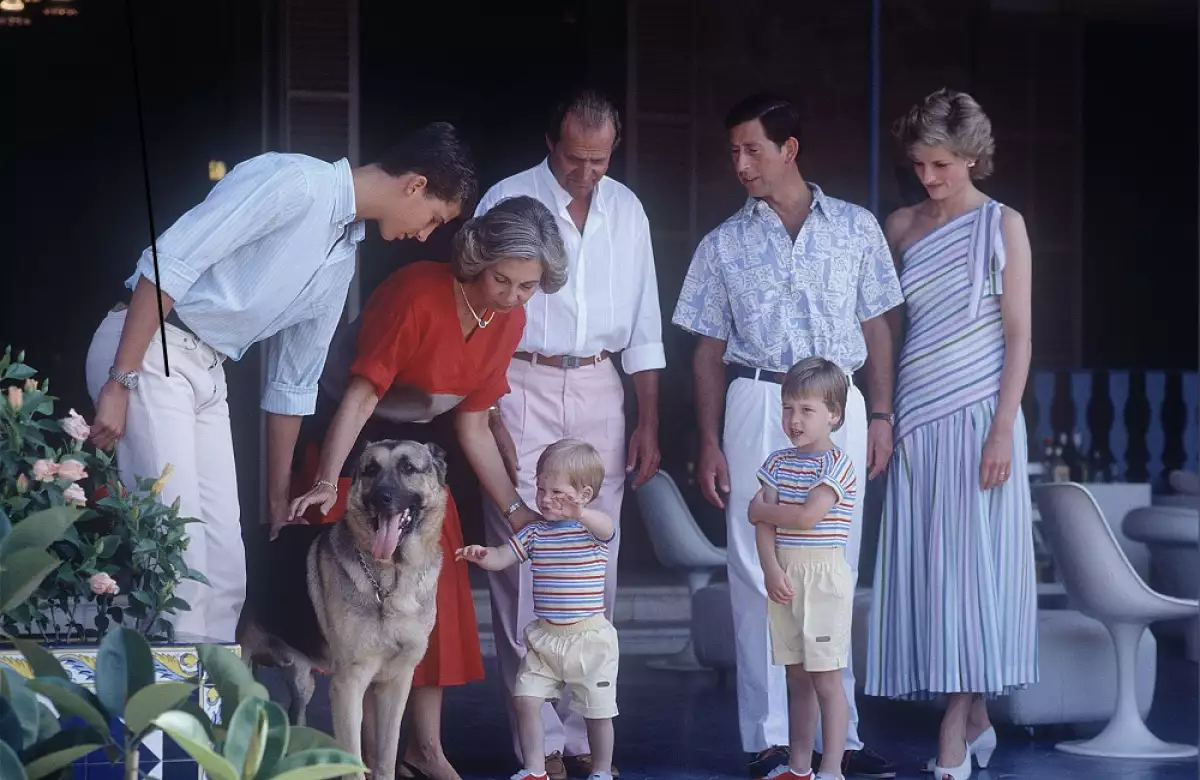 Felipe de España, la reina Sofía, el rey Juan Carlos, el príncipe Carlos, la princesa Diana y los príncipes Harry William
