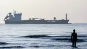 Persona observando desde la costa la presencia de un buque metanero, usado para la exportación de gas natural licuado.