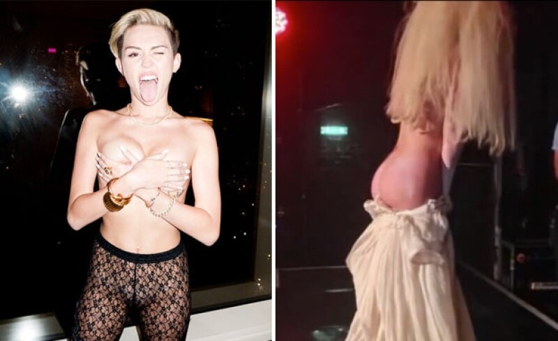 Izquierda: Recientemente Miley Cyrus posó con muy poca ropa para Terry Richardson. Derecha: Lady Gaga se desnudó el pasado fin de semana en un concierto.