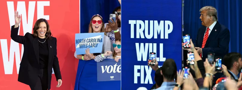 La imagen muestra dos fotografías, una a la izquiera con la candidata a la presidencia Kamala Harris y a la derecha, su homólogo republicano, Donald Trump. Ambos llegando a sus respectivos mitines en Carolina del Norte.