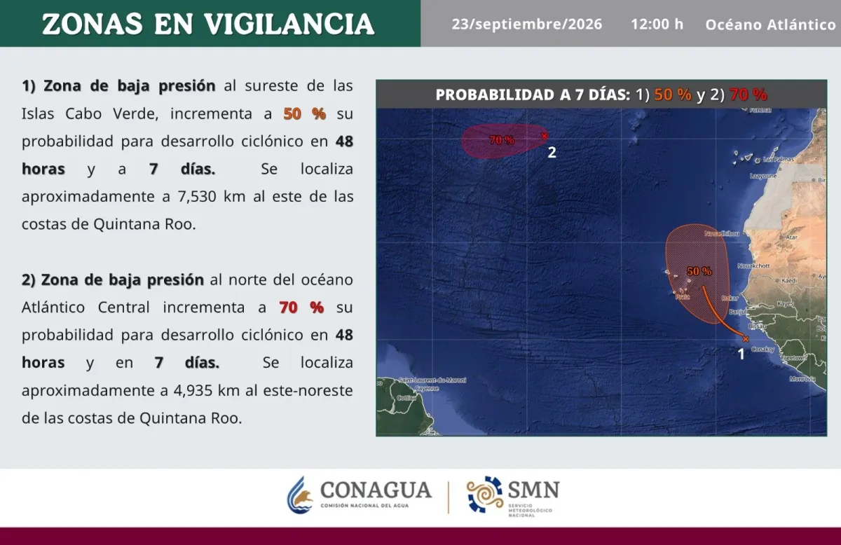 Un mapa color azul con círculos rojos para ubicar dos fenómenos meteorológicos frente a Quintana Roo.jpeg