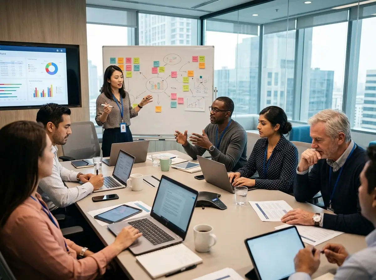 Personas diversas en una junta dentro de un corporativo.