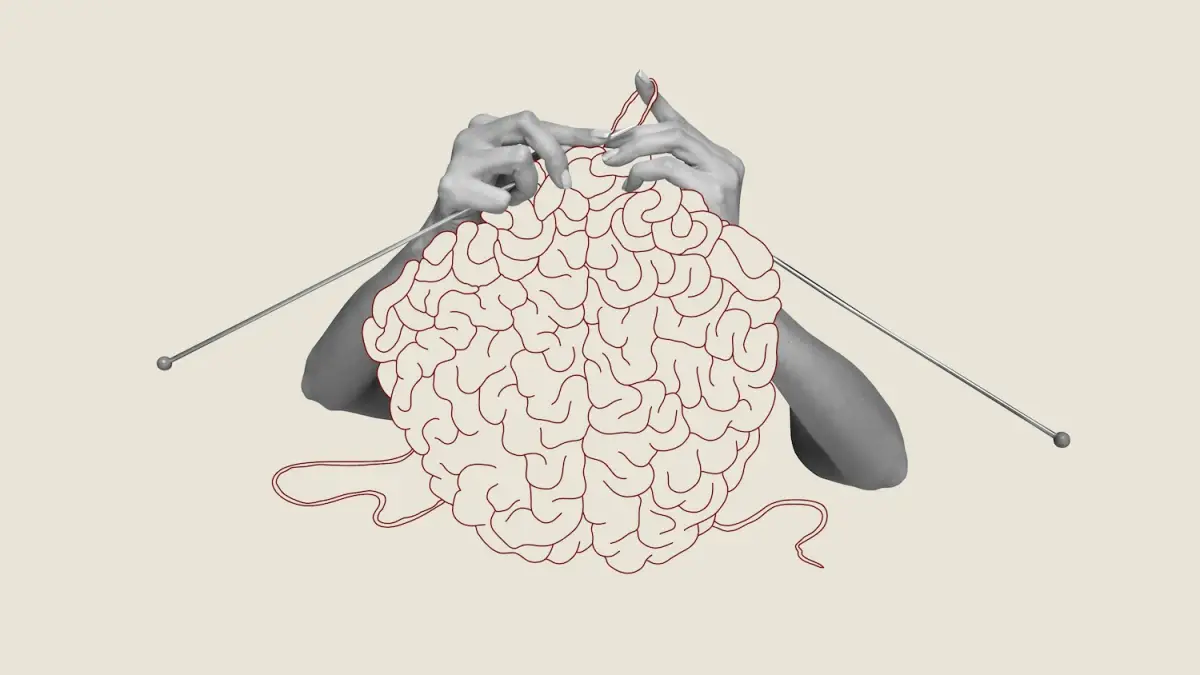 Contemporary,Art,Collage.,Human,Hands,Knitting,Brain.,Growing,Psychological,And