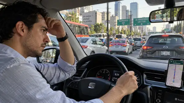Hombre atrapado en el tráfico de la Ciudad de México, una de las urbes del país donde los trabajadores pueden pasar más tiempo en sus traslados hacia la oficina o centro laboral.