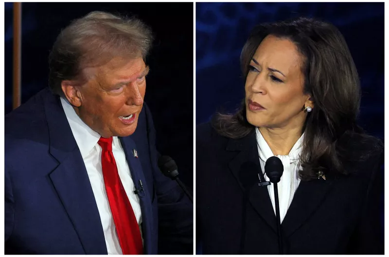 El candidato presidencial republicano, el expresidente estadounidense Donald Trump y el candidato presidencial demócrata, la vicepresidenta estadounidense Kamala Harris, participan en un debate presidencial organizado por ABC en Filadelfia, Pensilvania, EE. UU., el 10 de septiembre de 2024 en una combinación de fotografías de archivo
