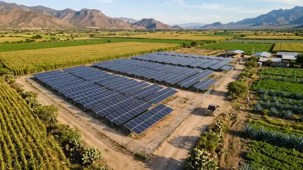 paneles solares en un campo con pareclas y una comunidad al fondo.